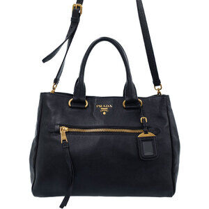 Prada Vitello Daino leather handbag tote shoulder bag front zipper pocket Black